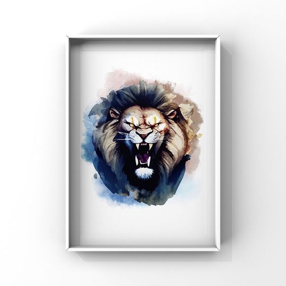 Blue Brown Watercolor Lion Portrait Wall Art Home Decor Poster Print - Picture 1 of 3
